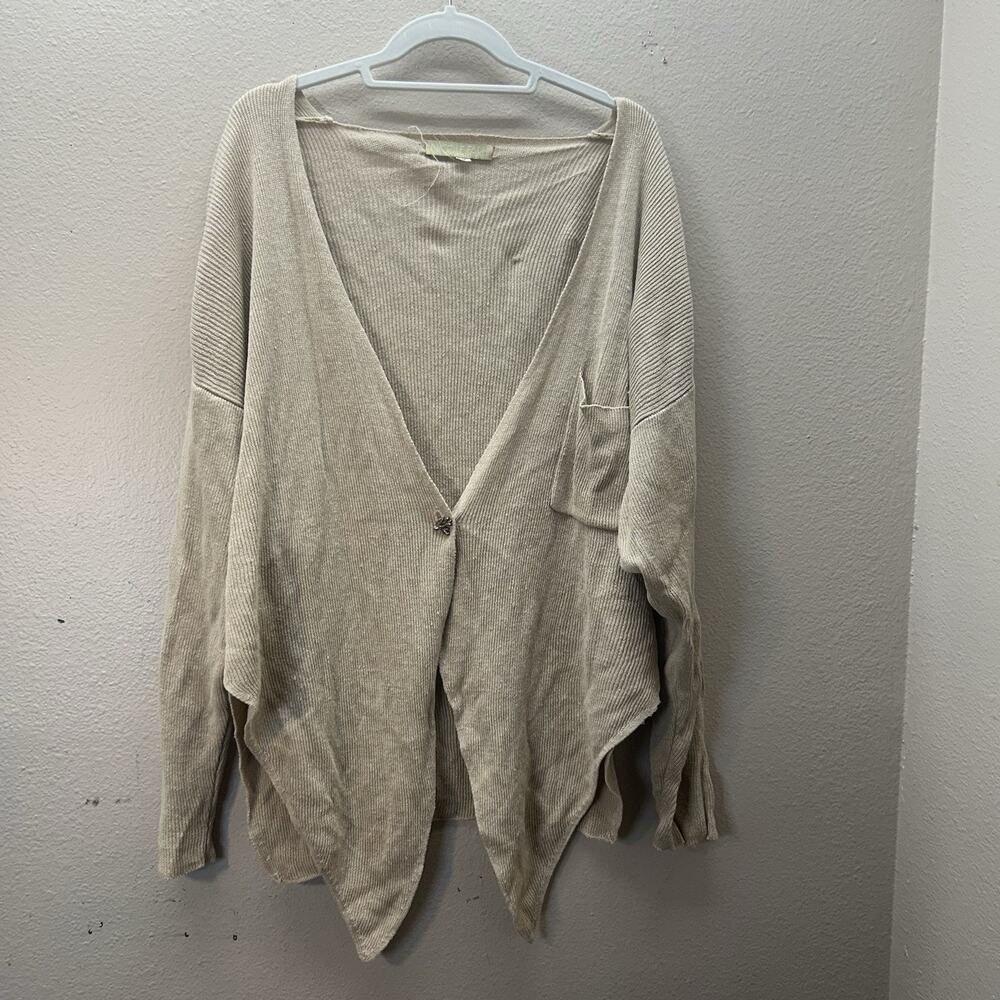 Nicole Farhi Cardigan M Tan 100% Linen V Neck Cardigan‎ Asymmetrical Lagenlook